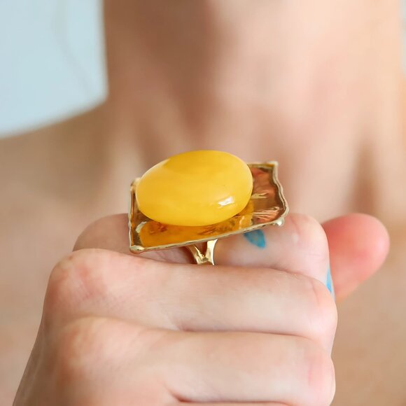 Butterscotch Amber Ring – Adjustable 14k Gold Plated Sterling Silver - Picture 3 of 8